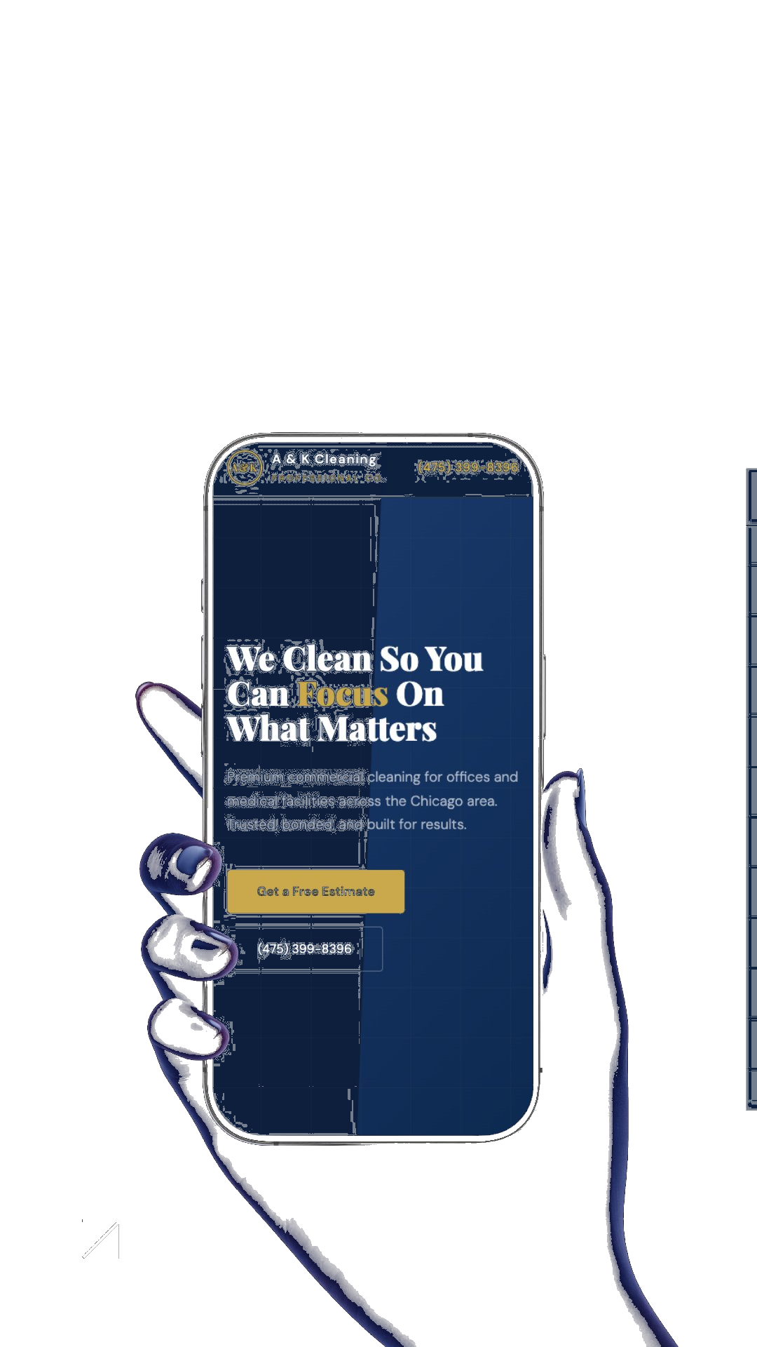 AK Cleaning website on mobile · designed by Pixova Studio Chicago